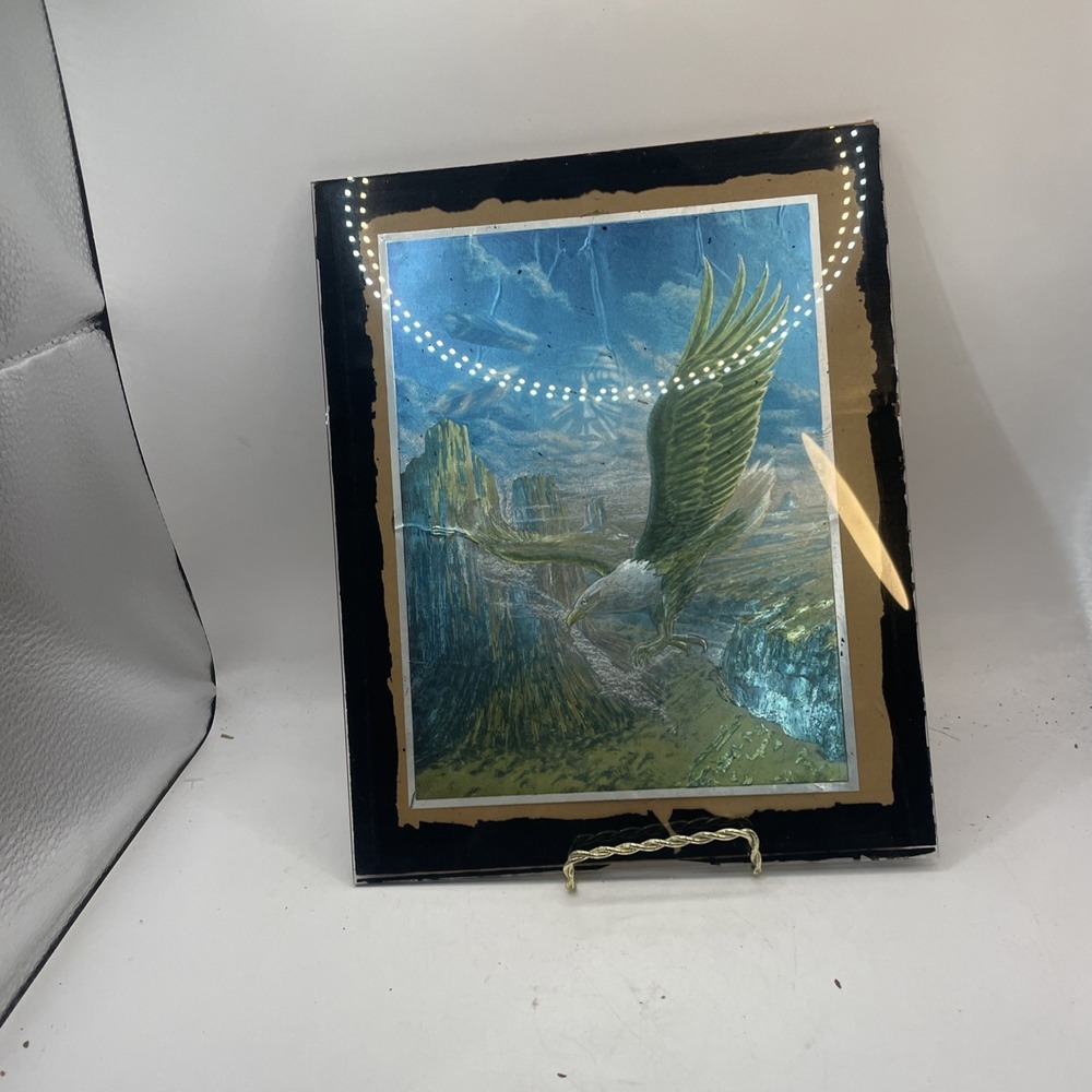 VTG FOIL ETCHED BALD EAGLE WALL ART 10" X 8" Matted & In 11x13 Wooden Frame